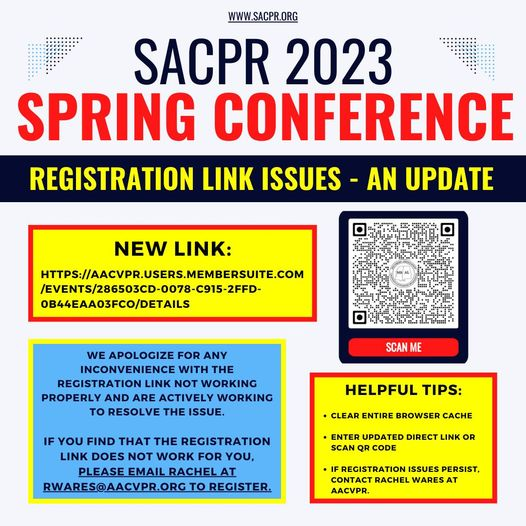 SACPR_Connected's tweet photo. THE NEW LINK IS UP AND WORKING!!  I'm so sorry for the inconvenience!  Make SURE you clear your cache history prior to clicking the link! And Chrome is the recommended browser.  
Again if you are having problems, please reach out to Rachel Wares with AACVPR at rwares@aacvpr.org. https://t.co/gQi2vaptcF