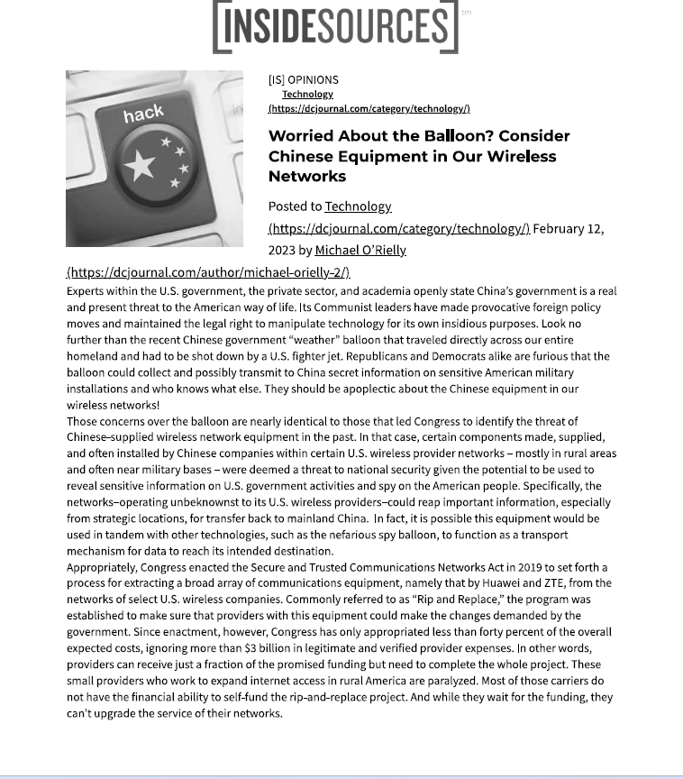 MPORielly's tweet photo. See my new op-ed in @InsideSourcesDC on the "Rip &amp; Replace" program.  Everyone's worried about the Chinese spy balloon, but what about Chinese wireless network equipment?  Congress rightly decided to pull it; now, it needs to fully fund the program!⤵️

https://t.co/57wg6oz6Ow https://t.co/Ww6cxXRfuC