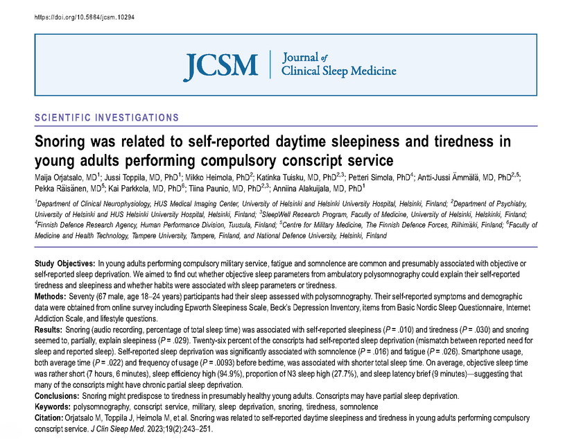 JCSMJournal's tweet image. Snoring might predispose to #tiredness in presumably healthy young adults. Conscripts may have partial #sleep deprivation. bit.ly/40TRAhq #snoring #military