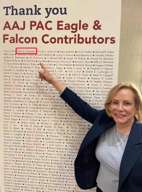 Mary Alexander is one of the most dedicated long term members of AAJ. Here she is with the AAJ PAC Eagle Falcon Contributors’ board.