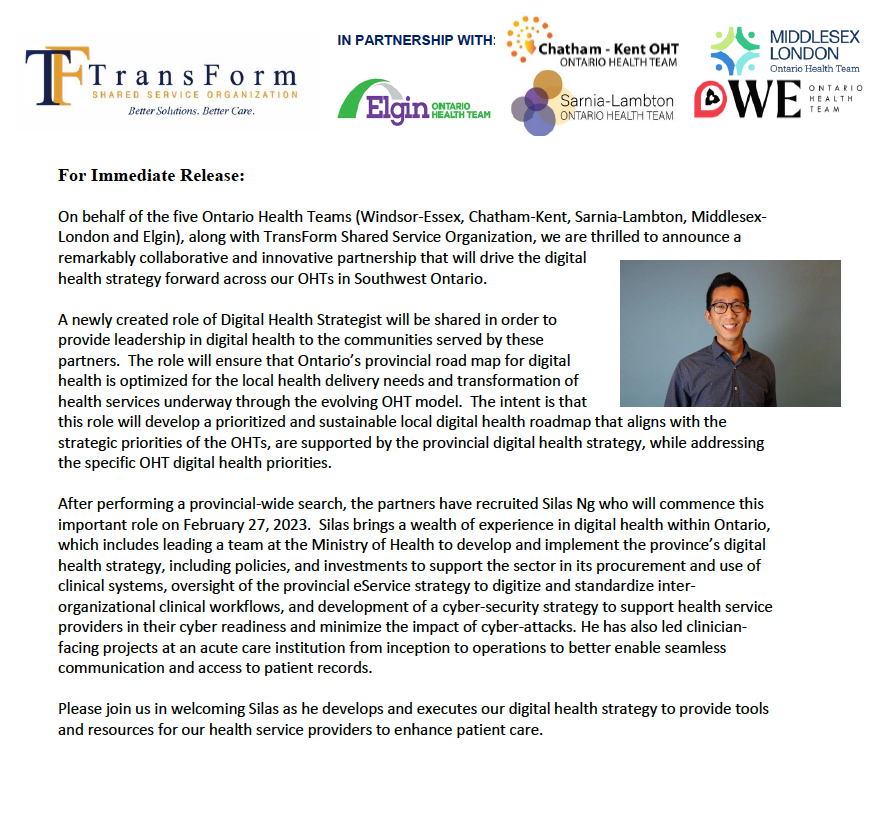 TransFormSSO's tweet photo. TransForm SSO is excited to announce a collaborative partnership with Ontario Health Teams that will drive an innovative digital health strategy forward across Southwest Ontario. @CK_OHT @windsoressexoht @SL_OHT @ML_OHT https://t.co/aj6jeAZQ8I