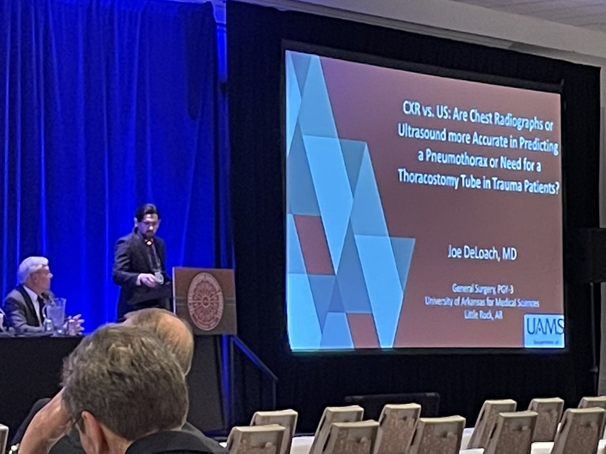 PGY-3 Joseph DeLoach presenting at #SESC2023 on detecting pneumothorax with eFAST vs CT and CXR.