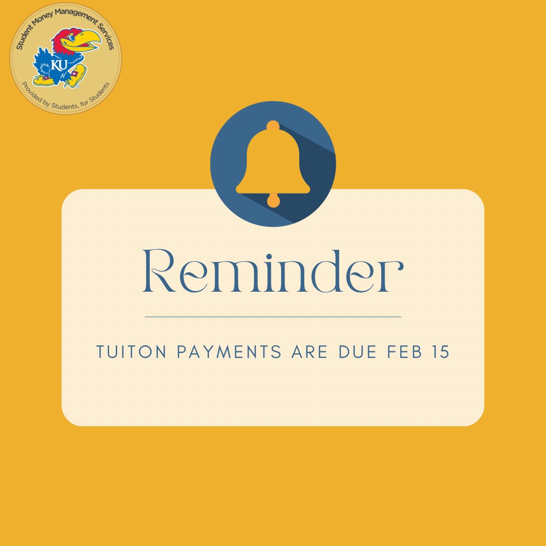 KU_SMMS's tweet photo. Hey Jayhawks!!!!

Just a reminder that tuition is due on the 15th!!! If you need any help doing that come down to Summerfield!!!!

ROCK CHALK!!!! https://t.co/6qK0kNreU9