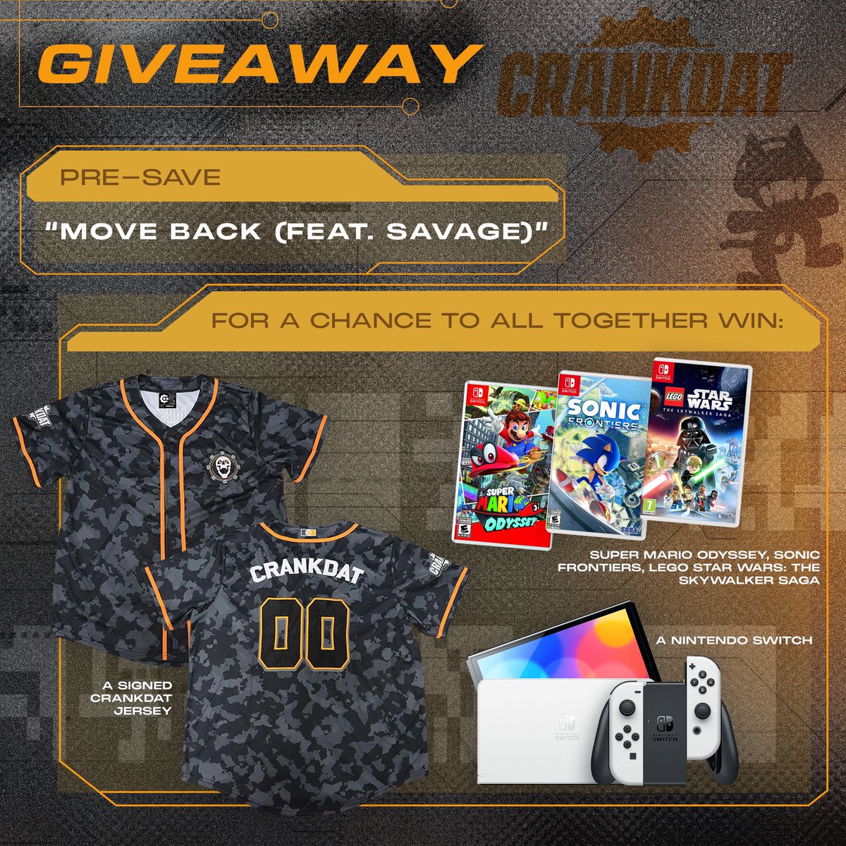 BIG OLE GIVEAWAY BABY!!! 

to celebrate “MOVE BACK” dropping this THURSDAY on @monstercat we givin away…

- NEW OLED nintendo switch 
- 3 classic games 
- signed crank jersey! 

TO ENTER:
- PRESAVE MOVE BACK (use link in my bio) 
- like &amp; rt this post 

good luck! 😎🎮