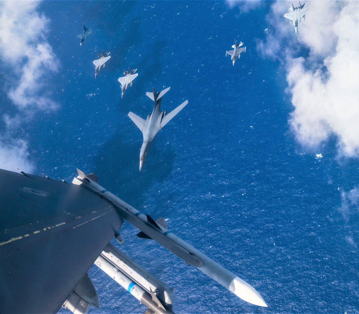 B-1B with both JASDF and USAF aircraft near Guam during #CopeNorth23 Feb 10th [USAF pic C Fultz]