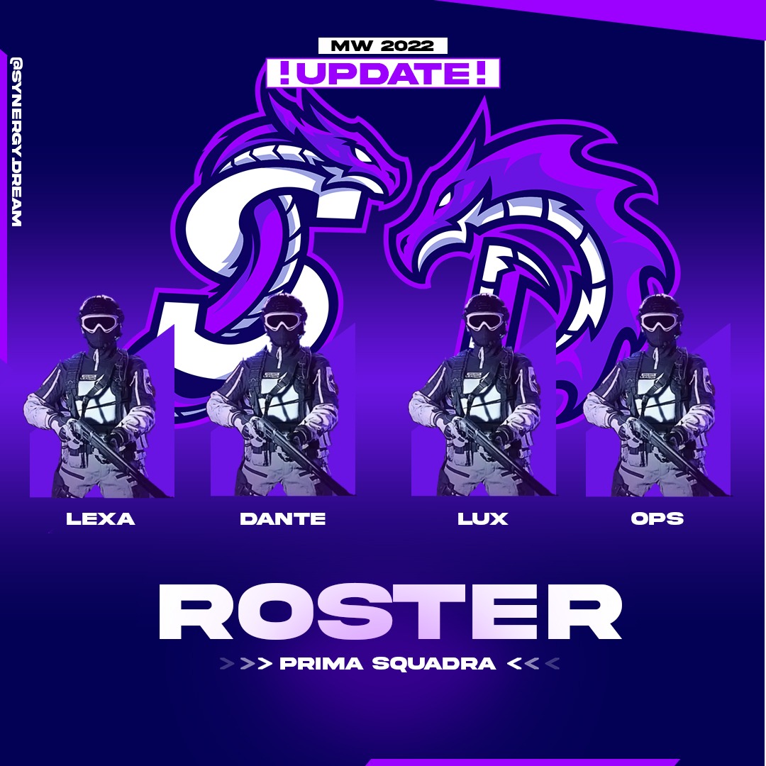 Siamo lieti di annunciarvi il nostro nuovo roster ufficiale della prima squadra. La prima parte della season competitive di Mw2 è conclusa, e con essa anche un capitolo dei Synergy.
Ready to start a new one together.
-
<a href="/Im_Lexaa_/">Alex</a>
<a href="/T2PDante/">Dante</a>
@perseting2
<a href="/Ops_lvv/">opss</a>
-
 #liveinsynergy