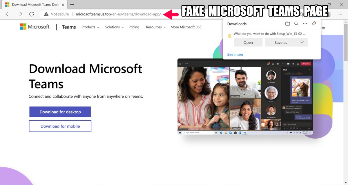 cpardue09's tweet image. #ln -s :malware_traffic: RT @Unit42_Intel: 2023-02-13 (Monday) - Fake Microsoft Teams page on microsofteamsus[.]top pushing #IcedID (#Bokbot). Page established on Thursday, 2023-02-09, likely set up for the same type of #malvertising seen recently using …