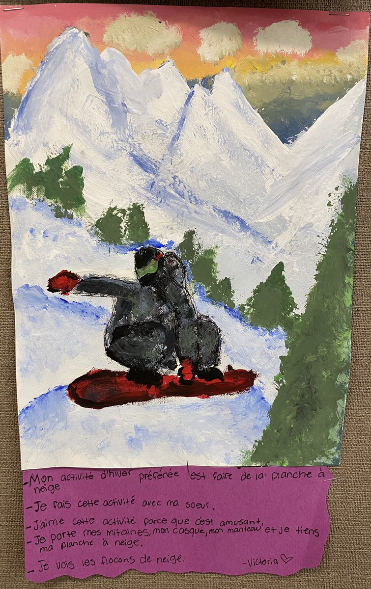 MmeCarsonN's tweet photo. On a plusieurs artistes en français de base! Regardez à ces belles peintures! Les 7e on peinturé leur activité d’hiver préféré. Ensuite ils l’ont décrient en utilisant notre tableau de traduction et les débuts de phrase. 
 @ocsbBonjour @HolyTrinityOCSB #ocsbJoy https://t.co/01Q5QNWuhE