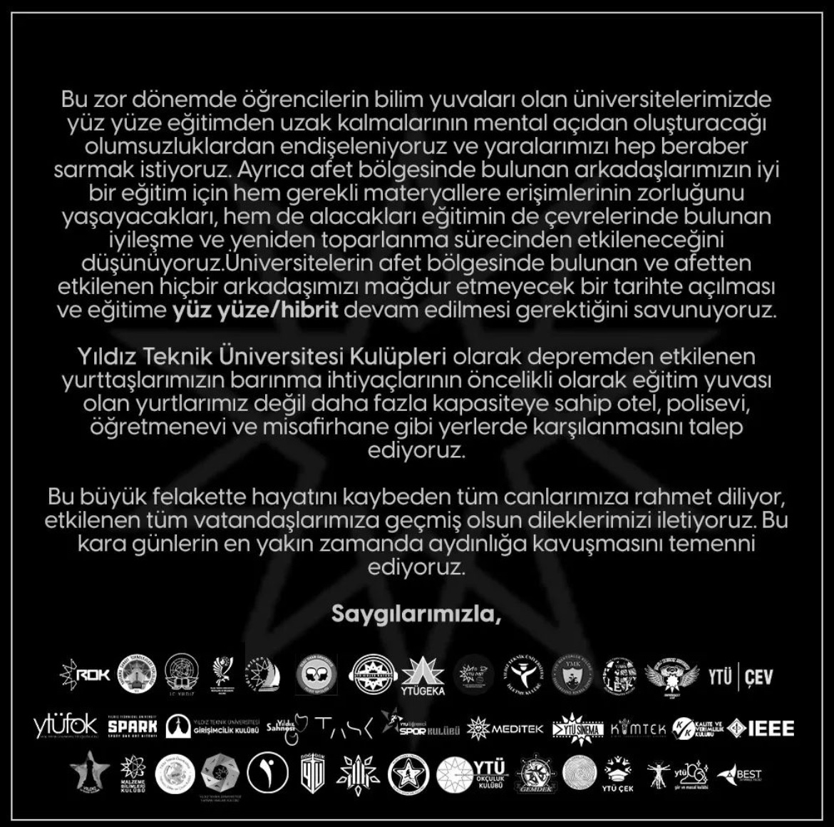 Yıldız Teknik Üniversitesi Öğrenci Kulüpleri Ortak Bildirisi: