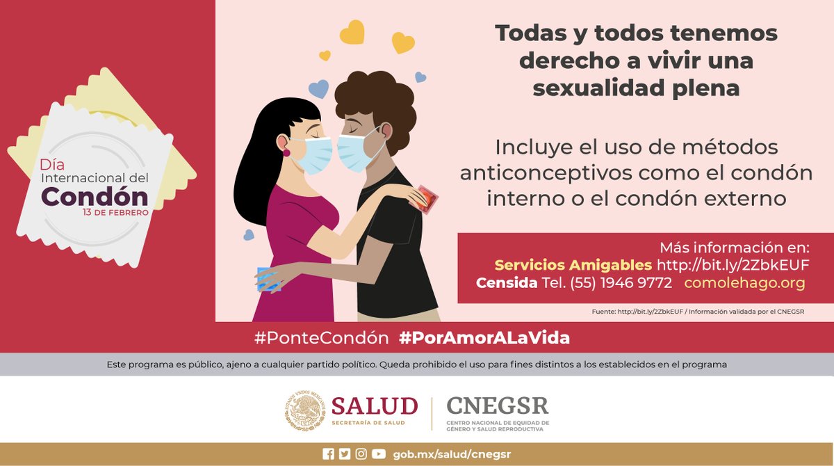 SSalud_mx's tweet image. 13 de febrero | Día Internacional del #Condón 

¡Disfruta y protégete! Acércate a los #ServiciosAmigables o a CENSIDA.
📞 55 1946 9772
➡ bit.ly/2ZbkEUF

#PonteCondón #PorAmorALaVida