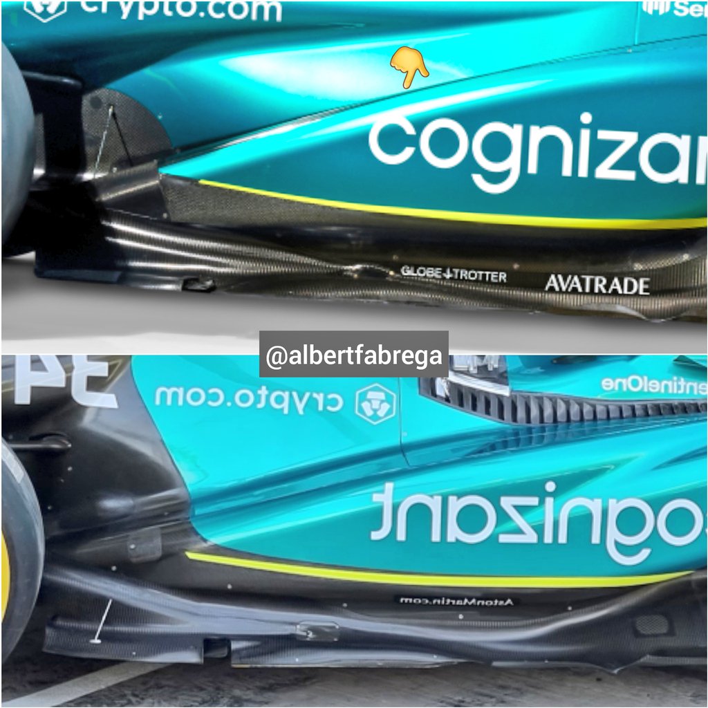 AlbertFabrega's tweet photo. Aston Martin ha sido muy agresivo en pontones. Cuchara en entrada, canal profundo en zona central y rampa acentuada. Mayor corte inferior

Aston Martin has been very aggressive on sidepods. Spoon at intake, depth channel in central area and very ramped downwash. Bigger undercut https://t.co/NbBp8dnnlg