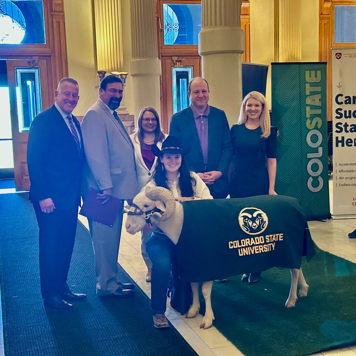 CSUAmyParsons's tweet photo. I'm at the CSU Founders Day celebration at the Colorado State Capitol in Denver today with @CSUSystem leadership to highlight the impact of #ColoradoState across the state. 

Thanks to the Ram Handlers for getting @csucamtheram to the Capitol!

#HappyBirthdayCSU 💚💛 https://t.co/sBsQZMYpX5