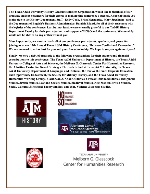 HGSO - Texas A&M (@tamuhgso) on Twitter photo The Annual HGSO conference is this Friday and Saturday! Stop by Glasscock to attend and listen to amazing panelists from all over the country and the world present their excellent scholarship! <a href="/TAMU/">Texas A&M University</a> <a href="/historyTAMU/">History at TAMU</a> <a href="/AlbrittonCGS/">Albritton Center for Grand Strategy</a> <a href="/glasscockcenter/">Glasscock Center TAMU</a> <a href="/TAMUArtSci/">Texas A&M Arts & Sciences</a>
#HGSO_2023 The Annual HGSO conference is this Friday and Saturday! Stop by Glasscock to attend and listen to amazing panelists from all over the country and the world present their excellent scholarship! <a href="/TAMU/">Texas A&M University</a> <a href="/historyTAMU/">History at TAMU</a> <a href="/AlbrittonCGS/">Albritton Center for Grand Strategy</a> <a href="/glasscockcenter/">Glasscock Center TAMU</a> <a href="/TAMUArtSci/">Texas A&M Arts & Sciences</a>
#HGSO_2023