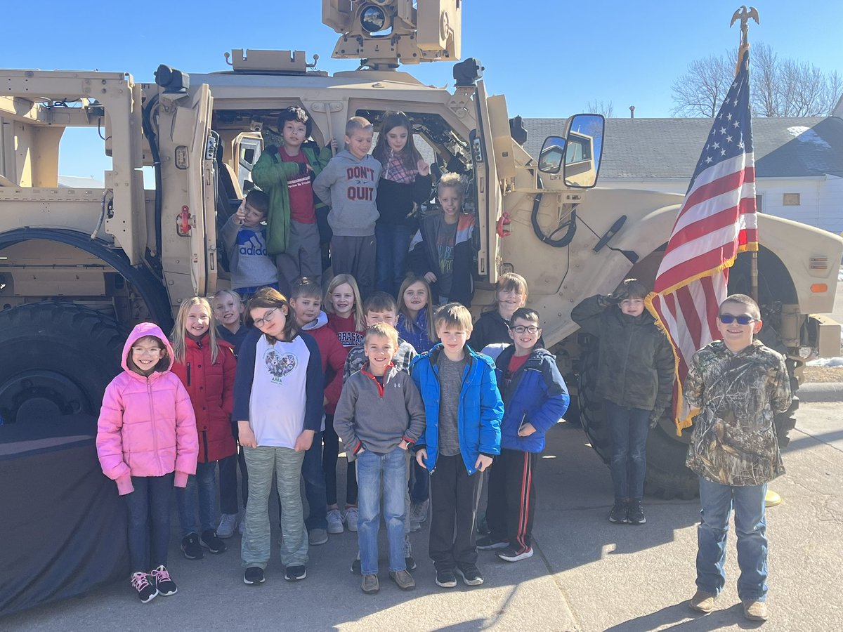 NLonowski's tweet photo. Thanks Shawna Schramm of @NEarmyguard for showing the 3rd graders around a M-ATV and answering questions! It was awesome! #bhleads https://t.co/3dCN4oydpj