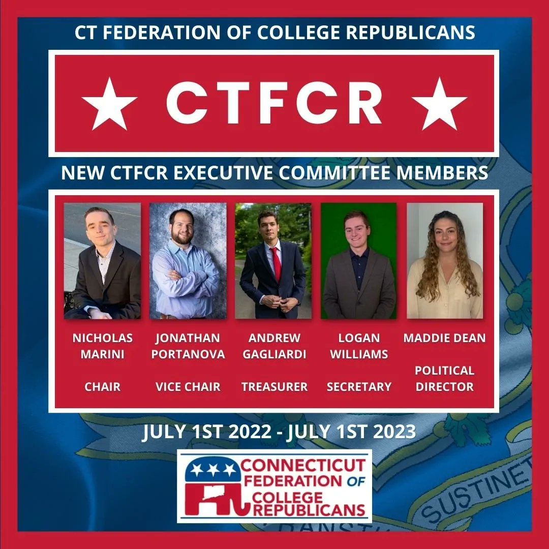 CTFCR's tweet image. -July 1st, 2022 Archive-

The results of the 2022 CTFCR Annual Convention are in!

Chair- Nicholas Marini
Vice Chair- Jonathan Portanova 
Treasurer- Andrew Gagliardi
Secretary- Logan Williams
Political Director- Maddie Dean

@ctgop

#ctrepublicans #collegerepublicans #ctfcr