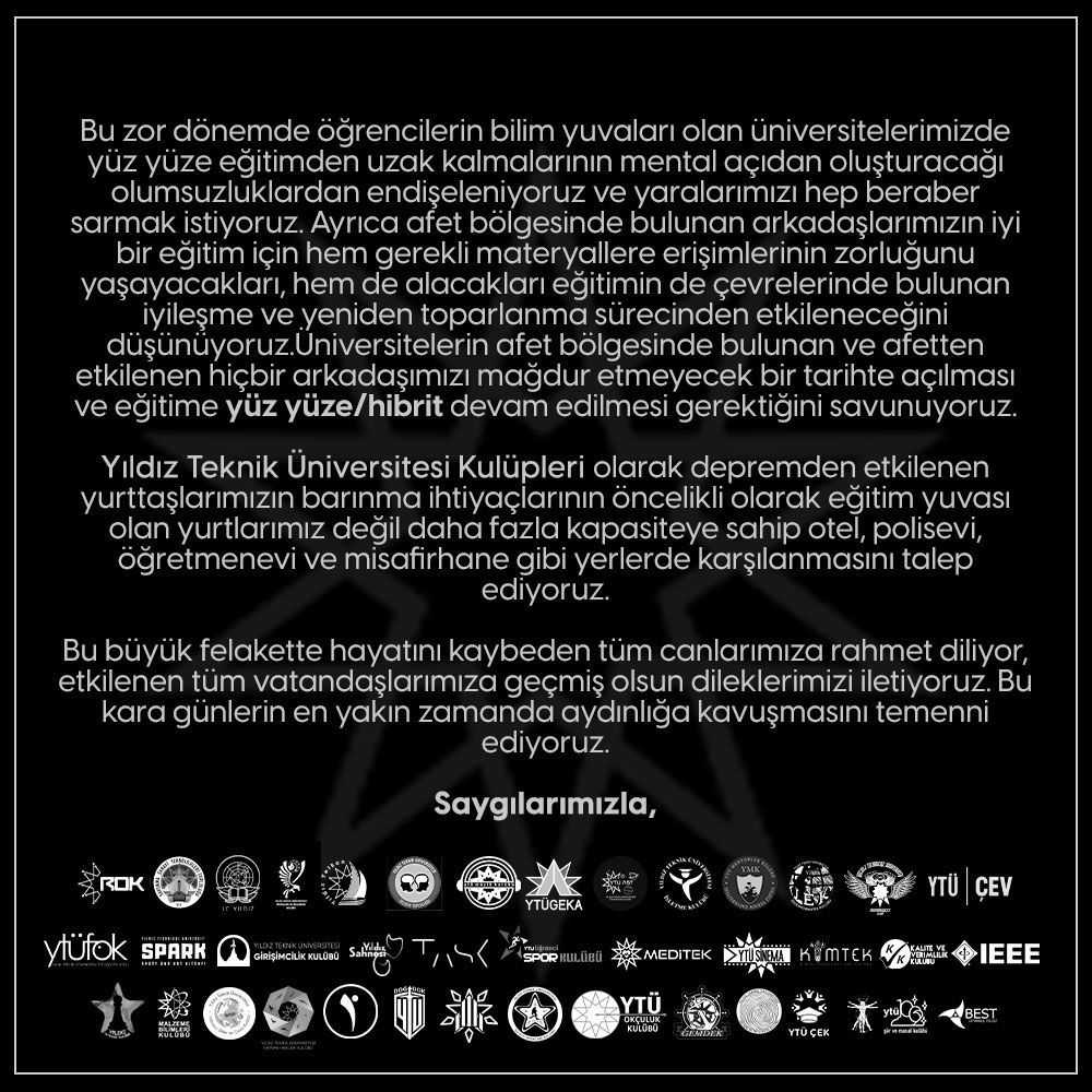 YTÜ Öğrenci Kulüpleri olarak ortak bildirimizdir.