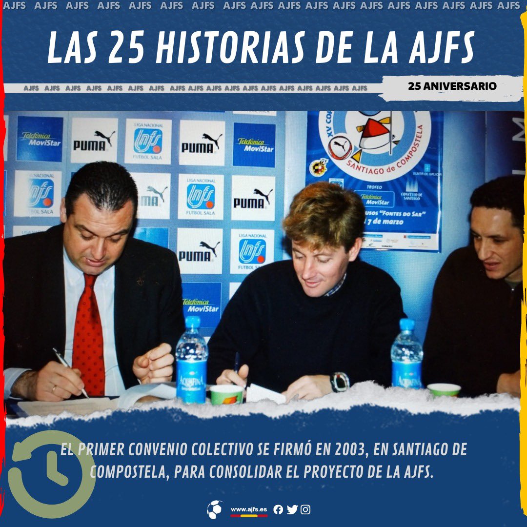 ajfs1998's tweet photo. 1️⃣5️⃣ ¡Hablemos de los convenios colectivos! 

En 2003 se firmó el I Convenio Colectivo entre la LNFS y la AJFS. Fue el primer paso para regularizar los contratos de los jugadores de fútbol sala. 

Por fin podrían cotizar durante su etapa profesional. 

#25AniversarioAJFS https://t.co/kBQYQlEcUh
