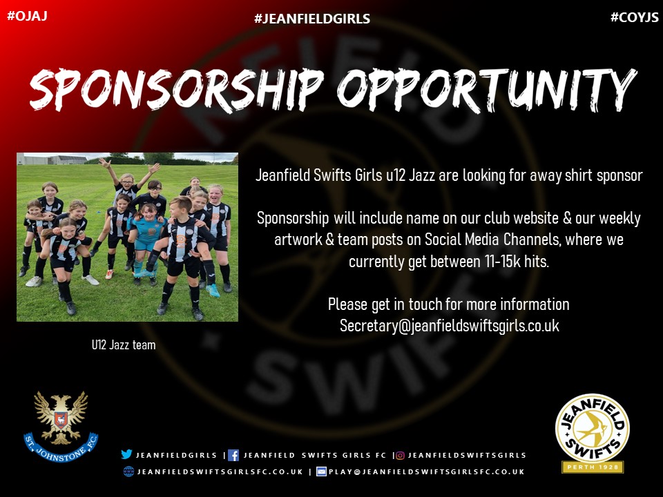 JeanfieldGirls's tweet photo. ** Sponsorship Opportunity **

If any amazing company is looking to sponsor a team, our u12 Jazz are looking for one to sponsor their away strip.

For more info, please get in touch via our social media pages or email secretary@jeanfieldswiftgirlsfc.co.uk 

#jeanfieldgirls #ojaj https://t.co/LHrve9uUkQ