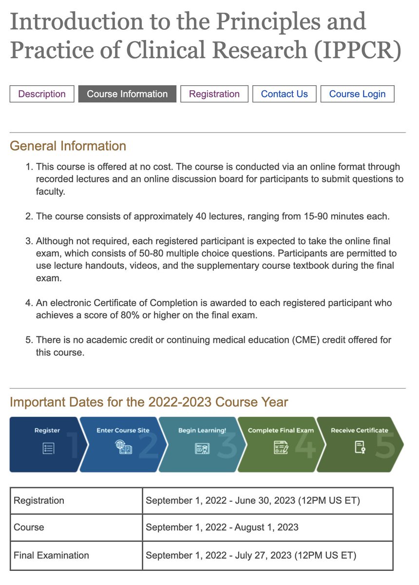 ICYMI: Great free online <a href="/NIH/">NIH</a> course targeted to med/grad students, doctors, nurses, scientists:

Introduction to Principles &amp; Practice of Clinical Research (IPPCR): study design, statistics, ethical/regulatory issues

Available until 8/1/23: ocr.od.nih.gov/courses/ippcr.…

#MedTwitter