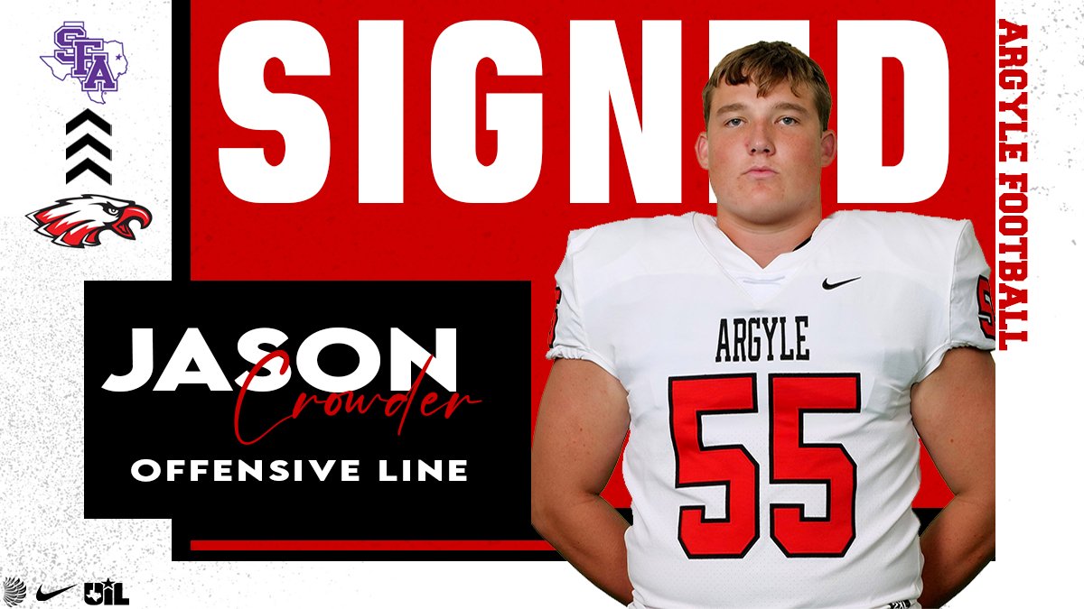 Argyle Football (@argylegridiron) on Twitter photo Argyle, TX โ--> Nacogdoches, TX
Congratulations to Jason Crowder on his signing with <a href="/SFA_Football/">Lumberjack Football</a> !
#DNA
<a href="/ArgyleISD/">Argyle ISD</a> I <a href="/ArgyleSports/">Argyle Eagles Booster Club</a> I <a href="/TheTalon/">TheBestTalon</a> Argyle, TX โ--> Nacogdoches, TX
Congratulations to Jason Crowder on his signing with <a href="/SFA_Football/">Lumberjack Football</a> !
#DNA
<a href="/ArgyleISD/">Argyle ISD</a> I <a href="/ArgyleSports/">Argyle Eagles Booster Club</a> I <a href="/TheTalon/">TheBestTalon</a>
