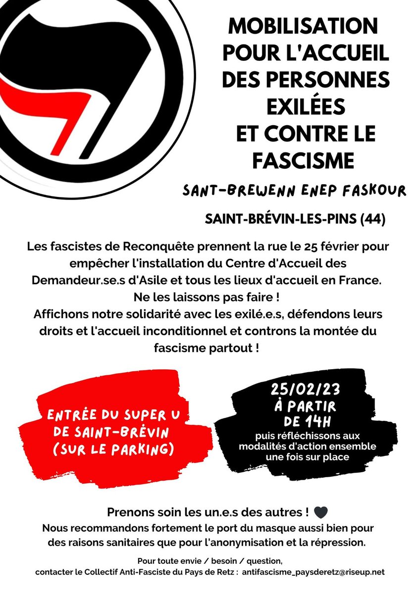 CollectifTerres's tweet photo. 🆘Les fascistes prennent la rue le 25 février à Saint-Brévin-les-Pins (44) : défendons les droits des exilé.e.s à partir de 14h !

Le mot d’ordre national du parti Reconquête pour cette date : « Après Callac, Saint-Brévin ! ».

https://t.co/UyHFurR7eA

#fascisme #antifa https://t.co/N87WAaEWC7