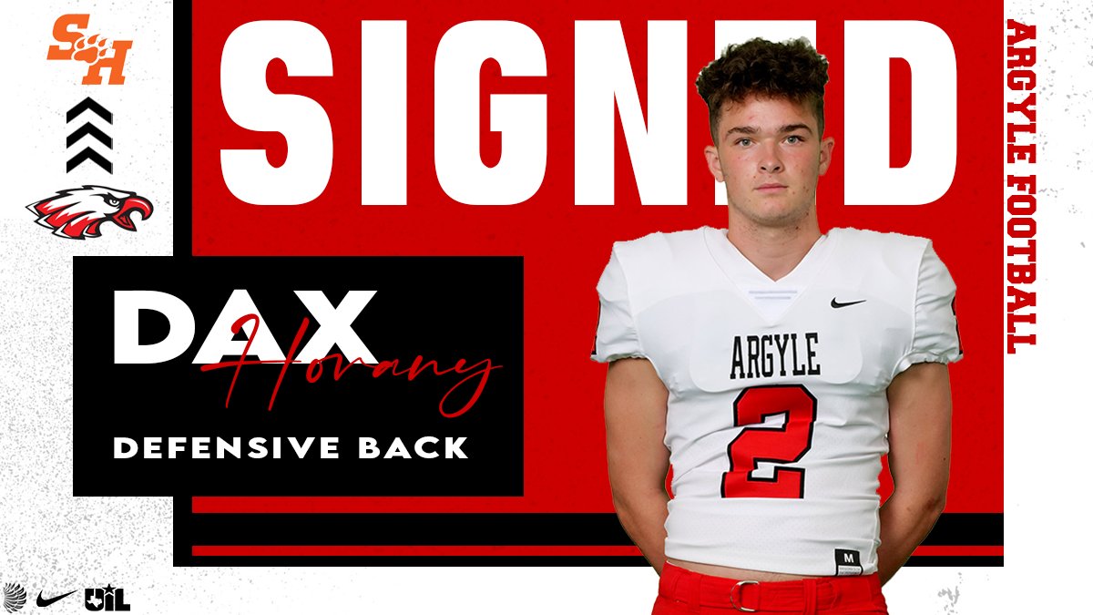 Argyle Football (@argylegridiron) on Twitter photo Argyle, TX โ--> Huntsville, TX
Congratulations to Dax Horany on his signing with
<a href="/BearkatsFB/">Sam Houston Football</a>!
#DNA
<a href="/ArgyleISD/">Argyle ISD</a> I <a href="/ArgyleSports/">Argyle Eagles Booster Club</a> I <a href="/TheTalon/">TheBestTalon</a> Argyle, TX โ--> Huntsville, TX
Congratulations to Dax Horany on his signing with
<a href="/BearkatsFB/">Sam Houston Football</a>!
#DNA
<a href="/ArgyleISD/">Argyle ISD</a> I <a href="/ArgyleSports/">Argyle Eagles Booster Club</a> I <a href="/TheTalon/">TheBestTalon</a>