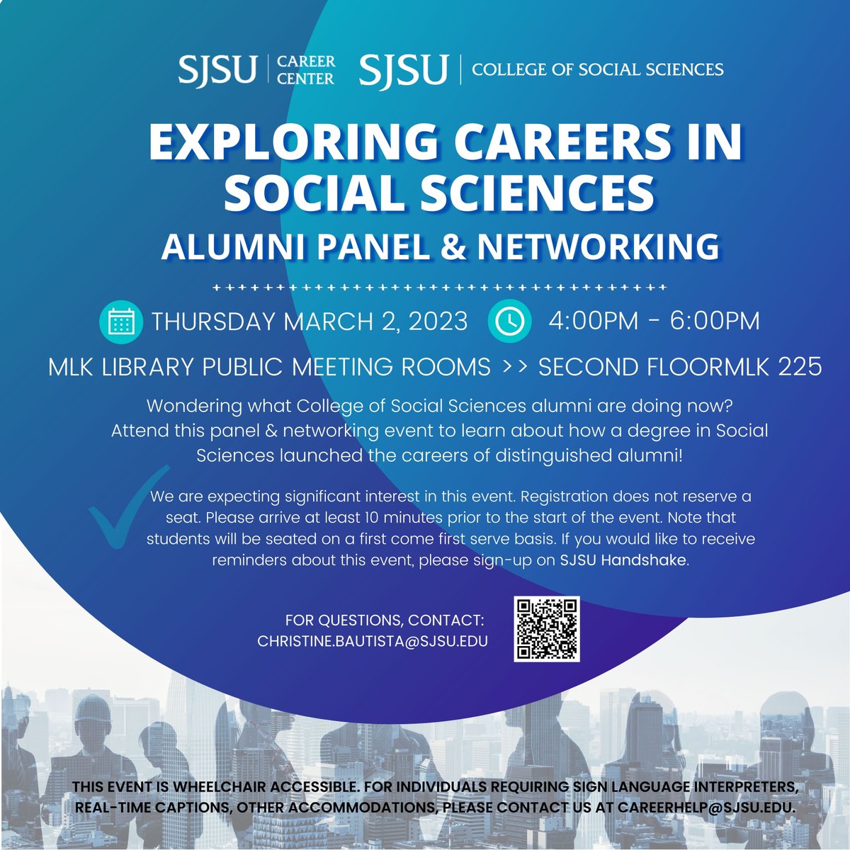 ccs_sjsu's tweet image. Hello Spartans! Are you curious about what the College of Social Sciences alumni are up to now? Then attend this panel on Thursday March 2nd!

To register for this event scan the QR code and if you have any questions send them to the email listed on the flyer.

#ccs_sjsu