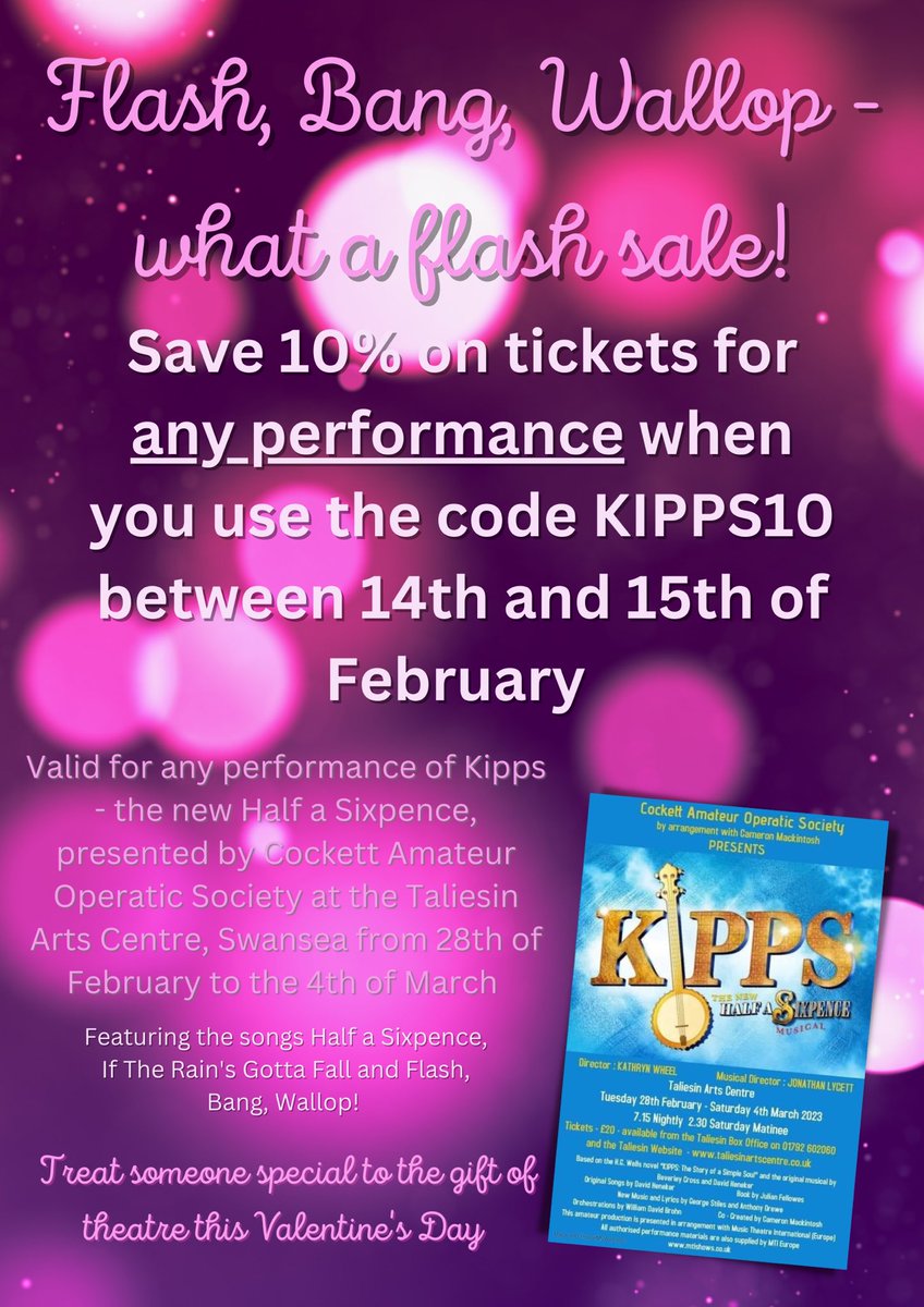 💕 Share the love 💕
Our FLASH SALE starts tomorrow for 48 hours only!
Use the code to get 10% tickets for Kipps - the new Half a Sixpence.
Head to: taliesinartscentre.ticketsolve.com/ticketbooth/sh…
🎫 What a flash sale! 🎭 #swansea #whatsonswansea #swanseatheatre #amateurtheatre