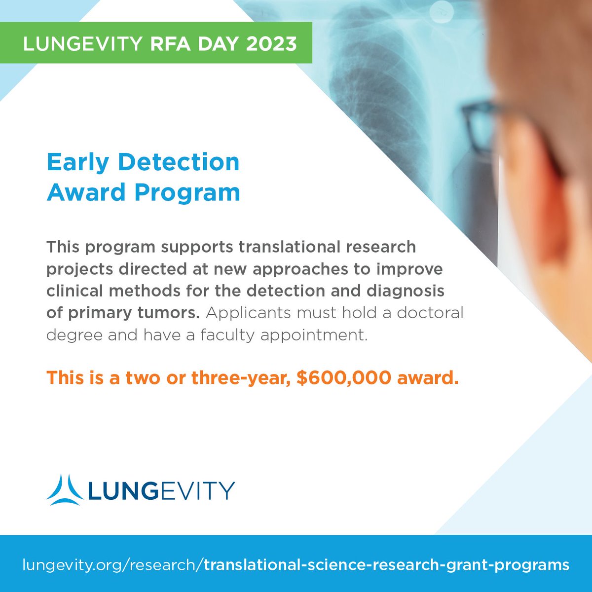 Request for applications for the Early Dectection Award Program supporting translational research to improve clinical methods for the detection and diagnosis of primary tumors. Apply here bit.ly/2X7P3na

#RFA #RFADAY #LUNGevityResearch #lungcancerresearch #cancerresearch