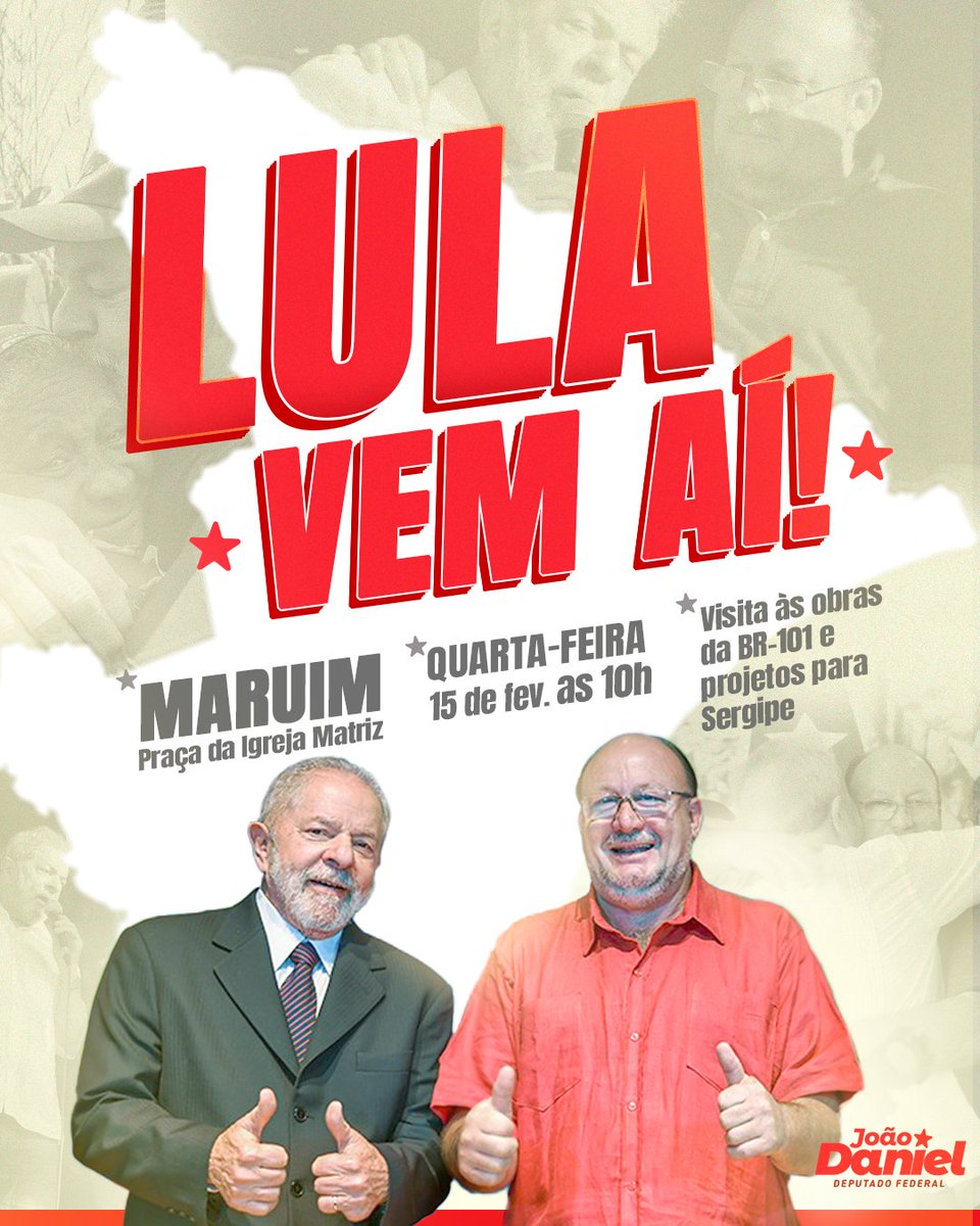 depjoaodanielpt's tweet photo. ⭐🇧🇷 🚩 Nesta quarta-feira (15), o presidente Lula estará na cidade de #Maruim para visitar as obras da BR 101 e dialogar sobre projetos para #Sergipe.

✊🏽✊🏿 Juntos estamos reconstruindo o Brasil e trazendo qualidade de vida para as sergipanas e sergipanos. https://t.co/AVlVetuwBW