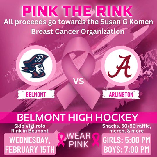 JoshGlionna's tweet photo. Belmont girls &amp; boys varsity pink the rink game is Wednesday night. Please come by &amp; support a great cause &amp; see some great hockey too @Belmonthshockey @LilyDuffy05 @belmontonian https://t.co/hqKKjhYqSc