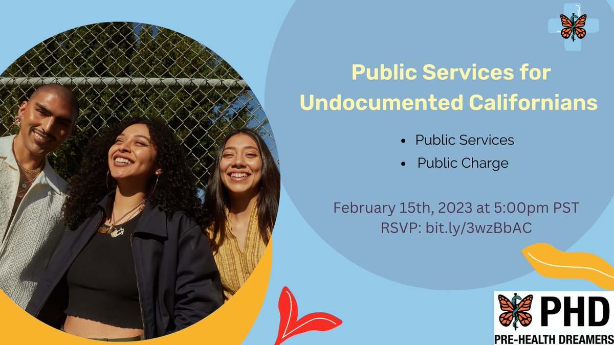 Join Pre-Health Dreamers' Public Services for Undocumented Californians presentation on 👉February 15th at 5pm PST👈 to learn about Public Services in California and Public Charge

RSVP: bit.ly/3wzBbAC