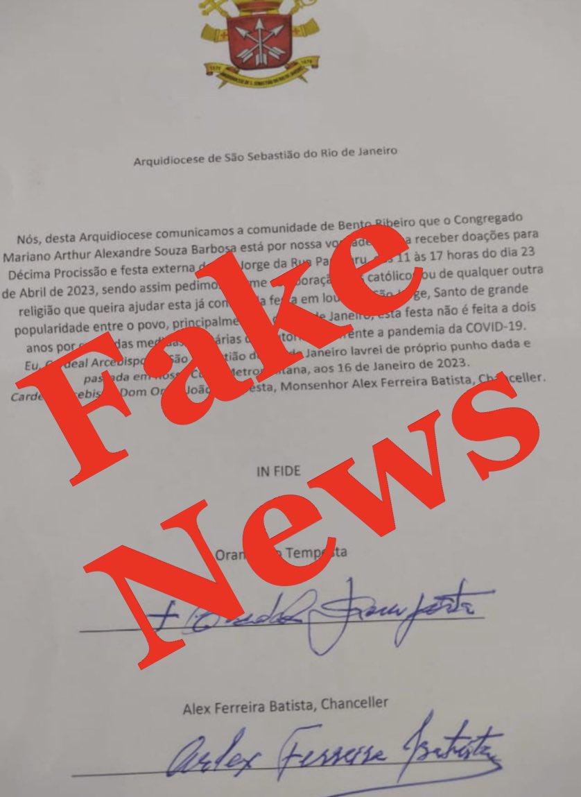 ATENÇÃO!!!!  É FALSA esta carta que tem circulado dizendo que o Arcebispo do Rio de Janeiro, autorizou o Sr. ARTHUR ALEXANDRE SOUZA BARBOSA a receber doações para a festa de São Jorge. 

Pedimos a toda comunidade para que fiquem atentos e ajudem  compartilhando esta postagem.