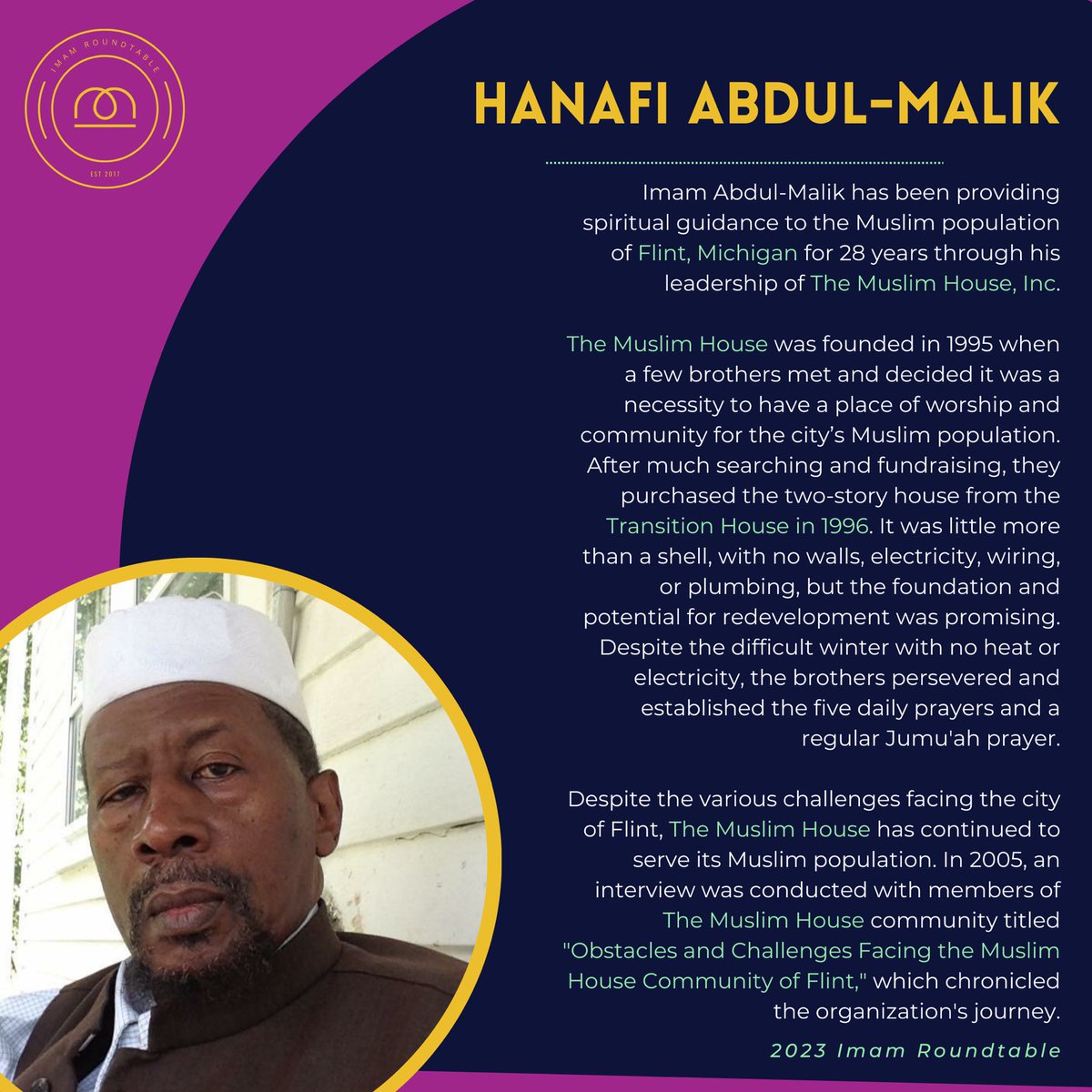 MWFNational's tweet photo. #2023ImamRoundtable Let us take a moment to honor Imam Hanafi Abdul Malik and his mission to bring spiritual growth to the Flint community ✨✊🏾#FlintRising #Community #SpiritualGrowth #IslamUplifts #MuslimWellnessFoundation #BHM https://t.co/Ol35XzYgja