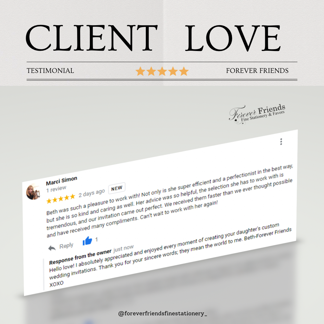 Marci just gave Forever Friends our 69th 5 STAR Review on Google. We are so ELATED⠀⠀⠀⠀⠀⠀⠀
.
❥Link in BIO
.
#awardwinning, #justaskme, #clientlove, #gettingmarried, #engaged, #weddingstationery, #longislandbrides