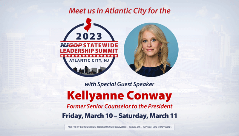 New Jersey GOP (@njgop) on Twitter photo 🚨Big news! We're thrilled that former Sr. Counselor to the President (and New Jersey native) <a href="/KellyannePolls/">Kellyanne Conway</a> will be joining us at our 6th Annual Statewide Leadership Summit at Harrah's Atlantic City March 10-11.
Tickets are going fast. Get yours today- secure.anedot.com/njgop/swls2023 🚨Big news! We're thrilled that former Sr. Counselor to the President (and New Jersey native) <a href="/KellyannePolls/">Kellyanne Conway</a> will be joining us at our 6th Annual Statewide Leadership Summit at Harrah's Atlantic City March 10-11.
Tickets are going fast. Get yours today- secure.anedot.com/njgop/swls2023