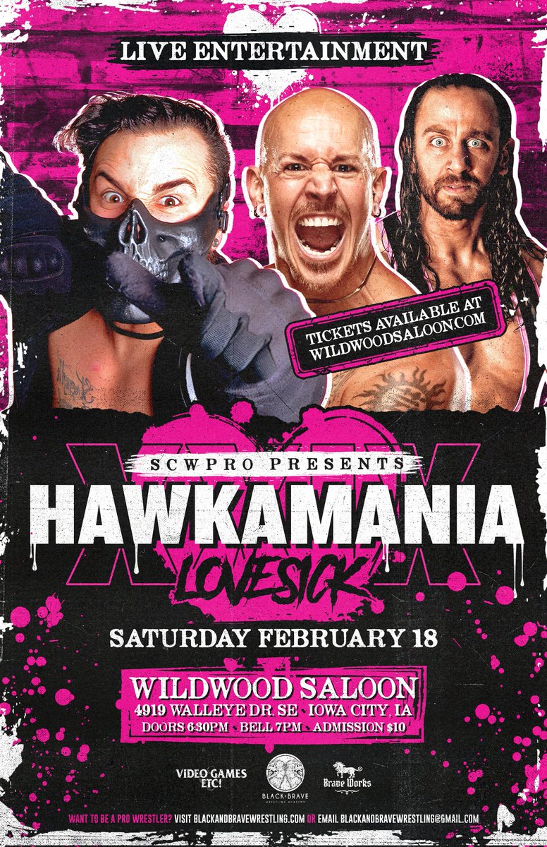 This Saturday, <a href="/Video_Games_Etc/">Video Games Etc!</a> presents #HAWKAMANIA XXIX: LOVESICK live from Wildwood in Iowa City!

You definitely won't want to miss any of the hard-hitting, high-flying action!

🔹 7pm start
🔹 Tickets just $10

Be there! #WWERaw