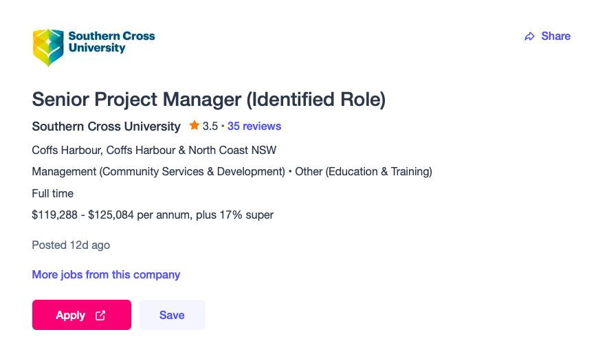 iSISTAQUIT Senior Project Manager (Identified) at @SCUonline  

Please share this fantastic opportunity with family, friends and colleagues or apply for yourself.

Closing on Friday, 24th February, 9 am, 2023.

Seek (Listed to Coffs Harbour) - seek.com.au/job/59998140?t…