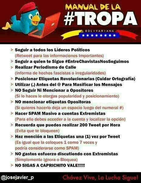 #TROPA #13Feb PARA MAYOR EFICIENCIA EN LA RED DEBES APLICAR ESTE MANUAL EN TODOS SUS PUNTOS.  SOMOS EL PUEBLO DE TUITEROS ORGANIZADOS EN DEFENSA DE LA PATRIA CON >. 
.@chavezcandanga LEALES SIEMPRE TRAIDORES NUNCA. #JuventudIntegraciónYPaz VENCEREMOS