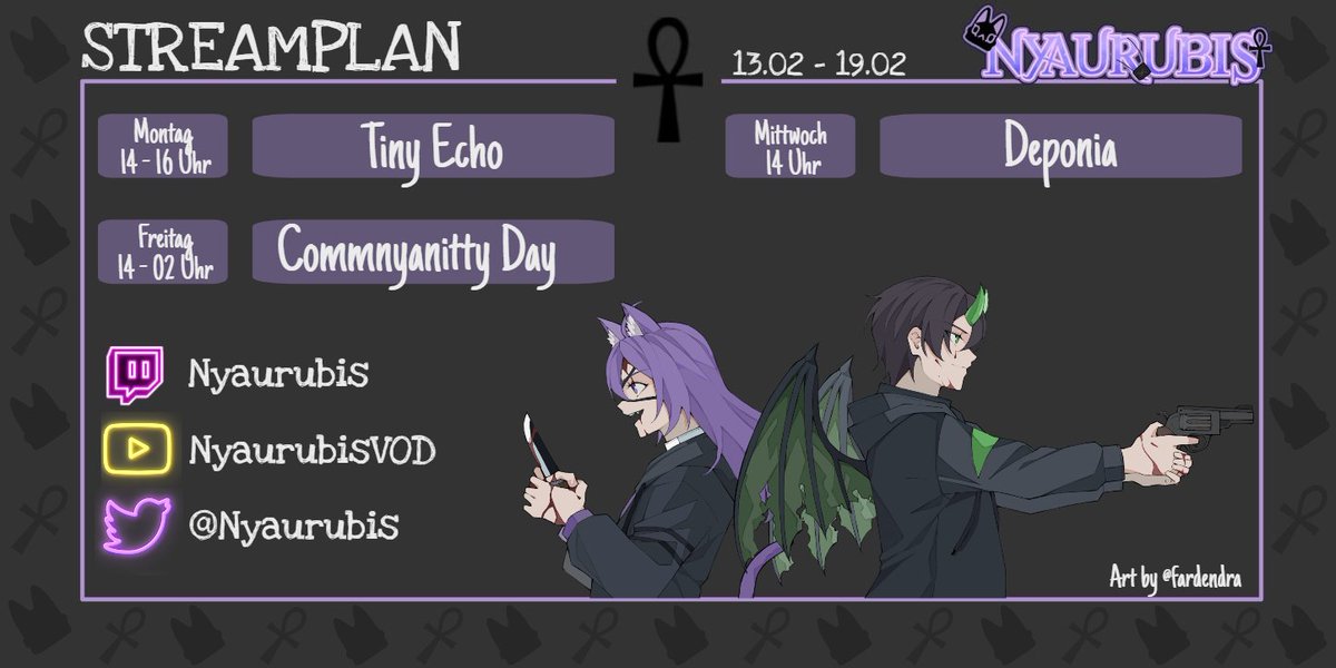 Nyaurubis's tweet photo. ☥Streamplan☥
Diese Woche wieder mit dem wunderbaren Commnyanitty Day >w<
Spielen wir zsm Goose Goose Duck, AI Imposter oder Garlic Phone!
Ich freue mich schon auf euch nyaaa 💜
https://t.co/F00PbEQQv5
#NyauLive #Vtuber #GERVtuber #TwitchDE #pointandclick #deponia #tinyecho https://t.co/cyEzIYqw9U