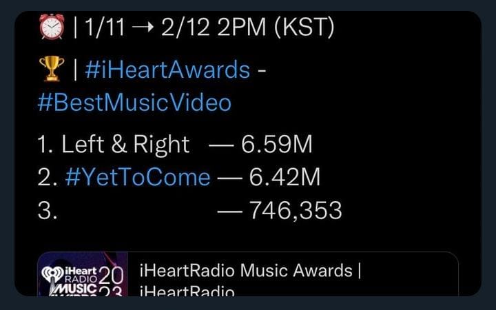 facetonly's tweet photo. Ustedes están aquí por BTS o por Charli??? Ni cuando se trata de un miembro con su canción propia le dan tanta prioridad como le dan a esta colaboración. 

VOTEN ÚNICAMENTE POR LOS 7 

I vote #YetToCome as #BestMusicVideo at the #iHeartAwards 2023! https://t.co/asP9rxLEtJ