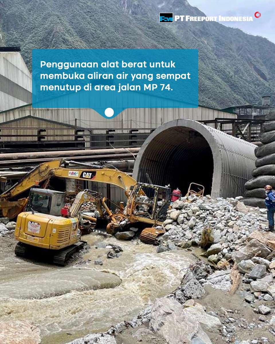 IDFreeport's tweet photo. Curah hujan tinggi di area tambang PT Freeport Indonesia di Tembagapura pada Sabtu (11/02/2023) mengakibatkan banjir dan longsor di area Mile 74 dan menyebabkan kerusakan infrastruktur di sekitar area pabrik dan jalan tambang. https://t.co/WcnaPOOZIj