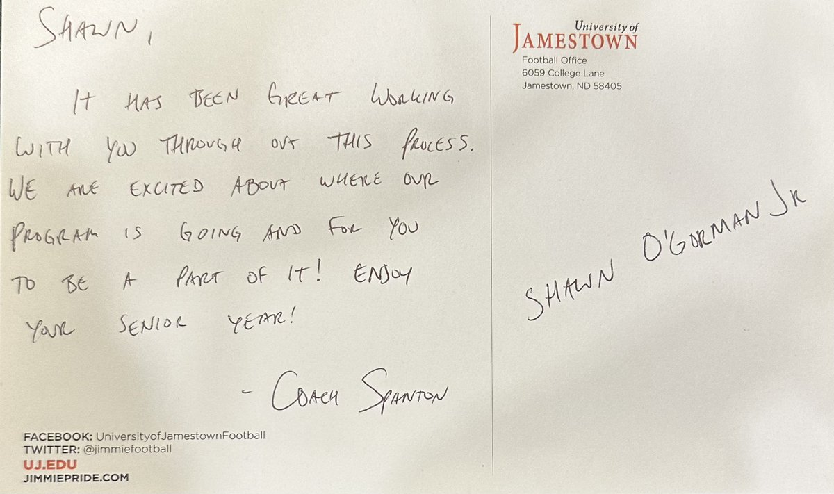 Shawn O’Gorman Jr (@shawnogormanjr) on Twitter photo I am blessed to have received my 5th official offer from <a href="/JimmieFootball/">Jamestown Football</a>!!!
<a href="/Coach_Spanton/">Tyler Spanton</a> <a href="/CoachTPMiller/">Coach Miller</a> <a href="/CTJFootball/">Johnson Football</a> <a href="/SATXrecruiting/">NSR Texas (South, Central, East Texas)</a> I am blessed to have received my 5th official offer from <a href="/JimmieFootball/">Jamestown Football</a>!!!
<a href="/Coach_Spanton/">Tyler Spanton</a> <a href="/CoachTPMiller/">Coach Miller</a> <a href="/CTJFootball/">Johnson Football</a> <a href="/SATXrecruiting/">NSR Texas (South, Central, East Texas)</a>