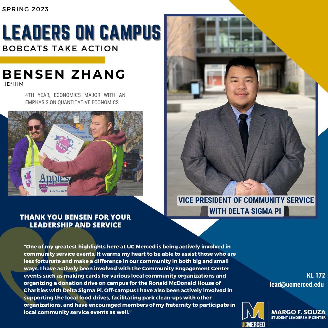 Leaders On Campus featuring Bensen Zhang 🤩

UC Merced Bobcats, join us in thanking Bensen for his dedication to service in and out of his official leadership title with Delta Sigma Pi. 

We have exciting programs and events coming your way! Stay tuned!