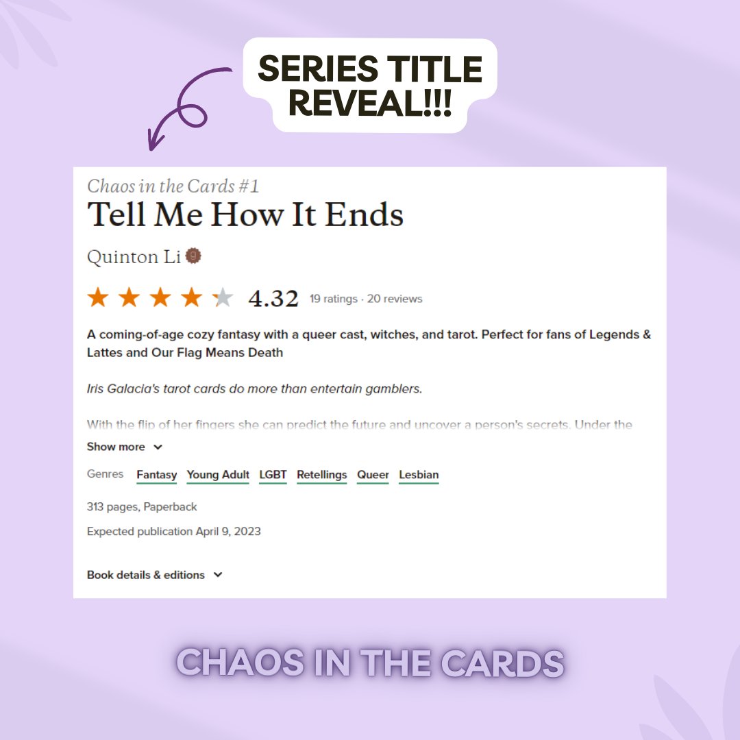 itsquinnli's tweet photo. BREAKING NEWS!!

Tell Me How It Ends is book #1 in the CHAOS IN THE CARDS series!

This series will follow the adventures of Iris, Marin, Myst and Kalaya as they navigate trauma, healing, relationships (including platonic ones!), the world and MAGIC! https://t.co/d2CbrGjBNe