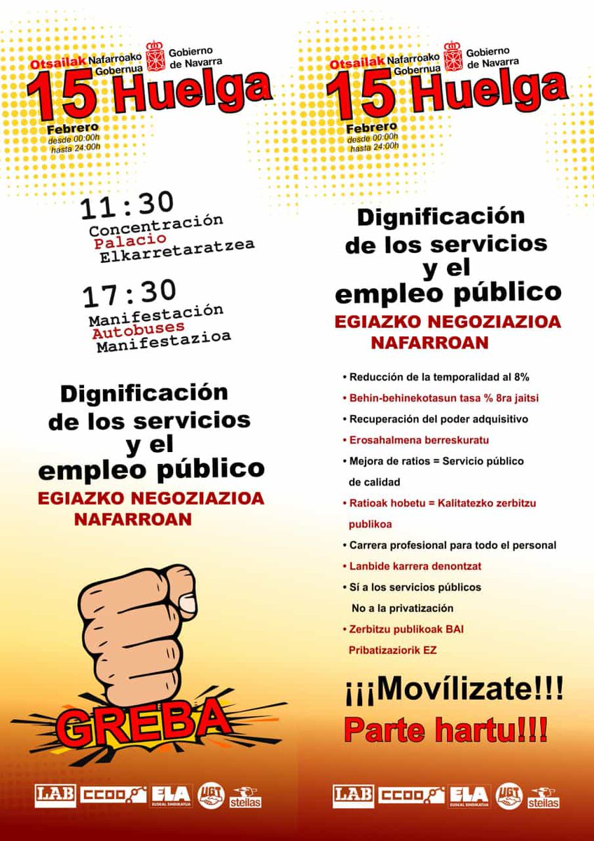 SortuNafarroa's tweet photo. Otsailaren 15ean, greba dago deituta Nafarroako administrazio publiko osoan. 

Bat egiten dugu sindikatuen aldarrikapenekin eta mobilizazioekin: 

📍 11.30 kontzentrazioa. Jauregia.
📍 17.30 manifestazioa. Autobus geltokia. 

🧵👇🏾 https://t.co/ZZP8KyKWkY
