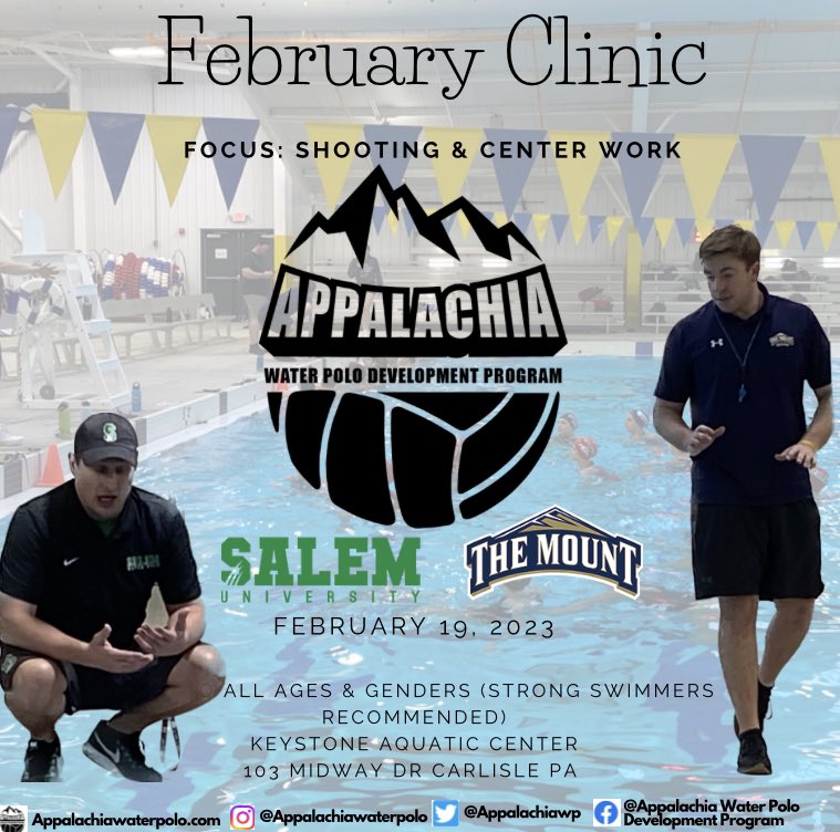 Appalachia Water Polo Development Program (@appalachiawp) on Twitter photo We’re bringing back the @salemwaterpolo and <a href="/mount_waterpolo/">Mount St. Mary’s University Water Polo</a> crew on February 19th 🤽🏼♀️🤽🏽♂️
The focus will be shooting and center work!
Link to register is in the bio🔗 We’re bringing back the @salemwaterpolo and <a href="/mount_waterpolo/">Mount St. Mary’s University Water Polo</a> crew on February 19th 🤽🏼♀️🤽🏽♂️
The focus will be shooting and center work!
Link to register is in the bio🔗