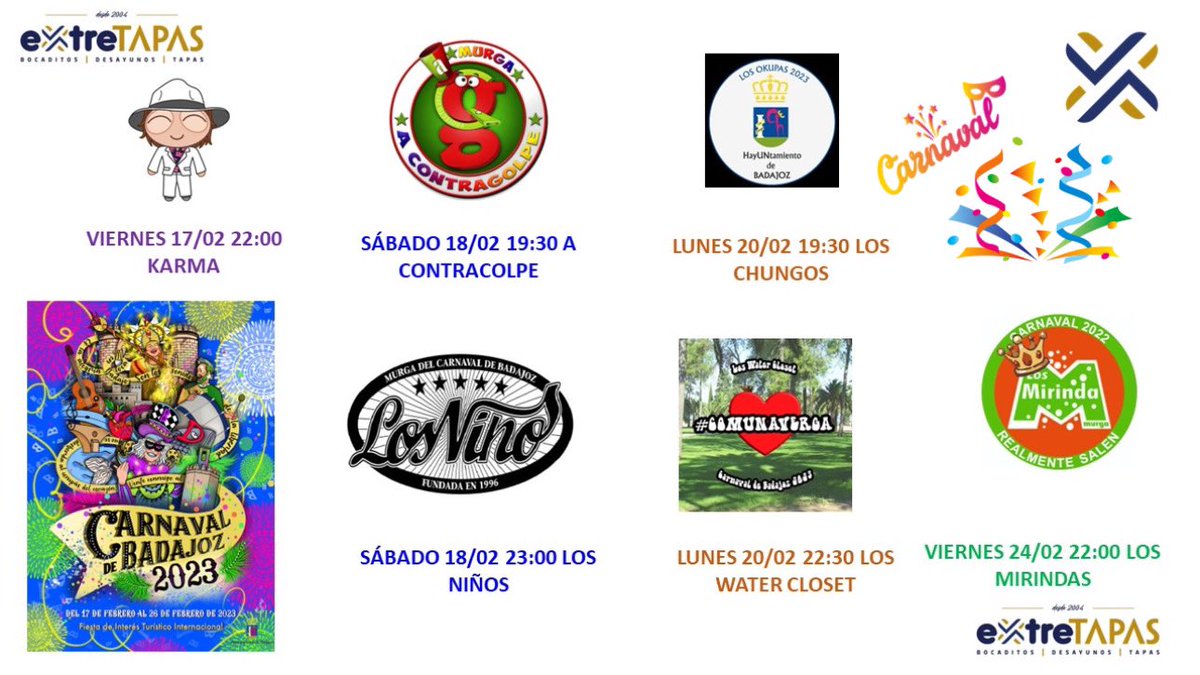 Extretapas (@bocaditosbada) on Twitter photo Vive un trocito del #carnavaldebadajoz con nosotros <a href="/LOSMIRNDA/">Murga Los Mirinda</a> <a href="/MurgaCallejeros/">Murga Los Callejeros</a> <a href="/A_ContraGolpe/">Murga A ContraGolpe</a> <a href="/loswatercloset/">Murga Los Water Closet</a> <a href="/murgaloschungos/">Murga Los Chungos</a> <a href="/Krma_murga/">Murga KRMA</a> Vive un trocito del #carnavaldebadajoz con nosotros <a href="/LOSMIRNDA/">Murga Los Mirinda</a> <a href="/MurgaCallejeros/">Murga Los Callejeros</a> <a href="/A_ContraGolpe/">Murga A ContraGolpe</a> <a href="/loswatercloset/">Murga Los Water Closet</a> <a href="/murgaloschungos/">Murga Los Chungos</a> <a href="/Krma_murga/">Murga KRMA</a>