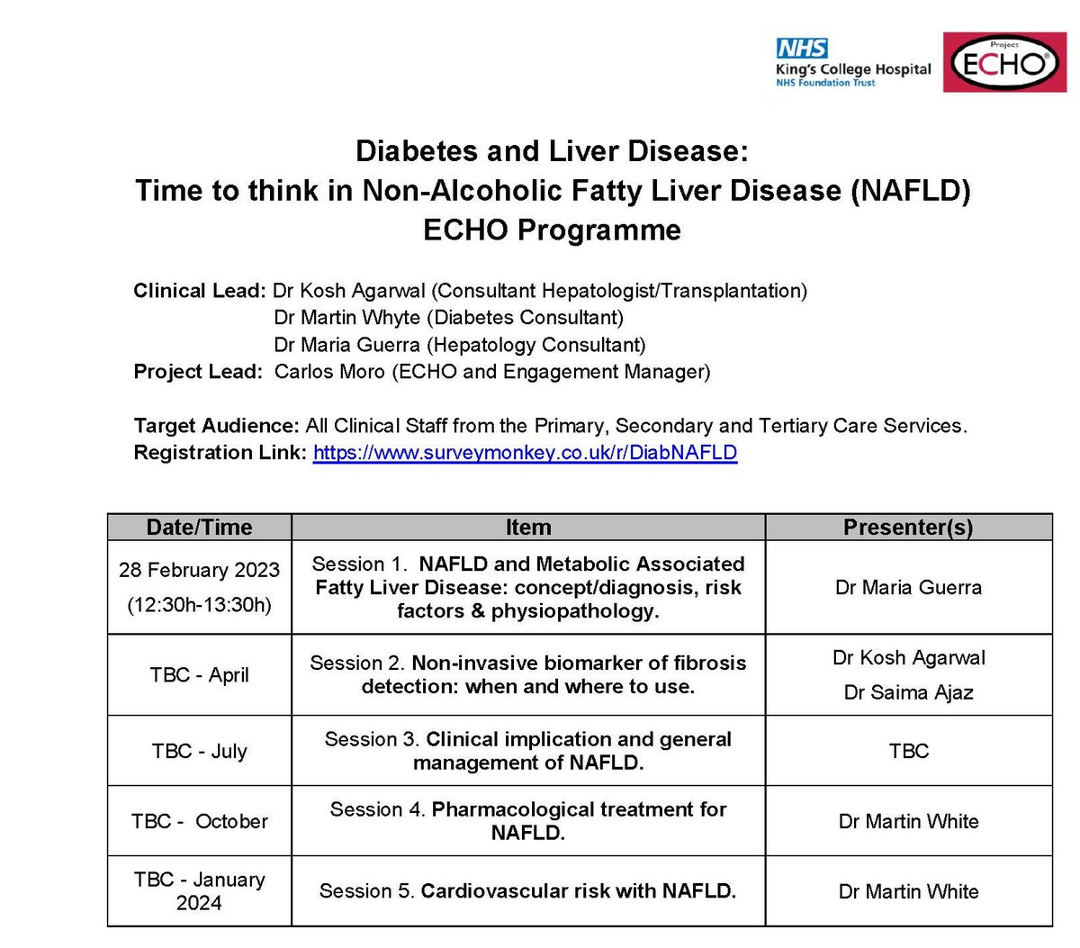 Registration for the Diabetes and Liver disease: Time to think in NAFLD ECHO Programme is opened. To register follow the link: surveymonkey.co.uk/r/DiabNAFLD. We are looking forward to seeing you on 28/2/23 <a href="/DSNforumUK/">DSNforumUK</a> <a href="/mbwhyte1/">Martin B Whyte</a> <a href="/guerravelozMF/">MARIA GUERRA VELOZ</a> <a href="/saimaajazshah/">saima ajaz</a> <a href="/KingsECHO/">King’s ECHO Project</a> #liverhealth