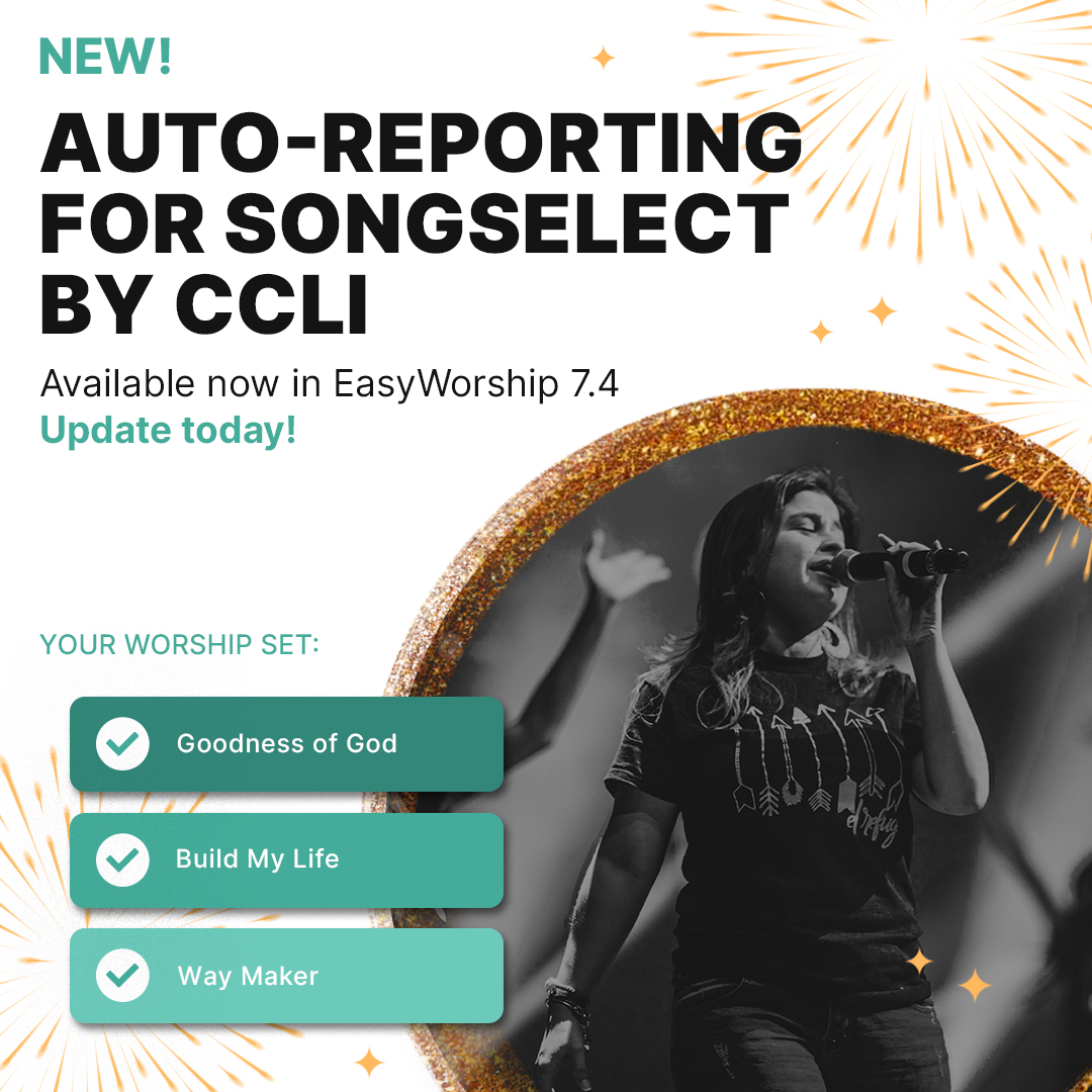 EasyWorship's tweet photo. AUTO-REPORTING FOR @ccli IS LIVE! 

That's right. You can now enable auto-reporting for SongSelect by CCLI today when you download EasyWorship 7.4.1.6. 

Download today: https://t.co/z3hKMpjcXT https://t.co/eRTIQOit2T